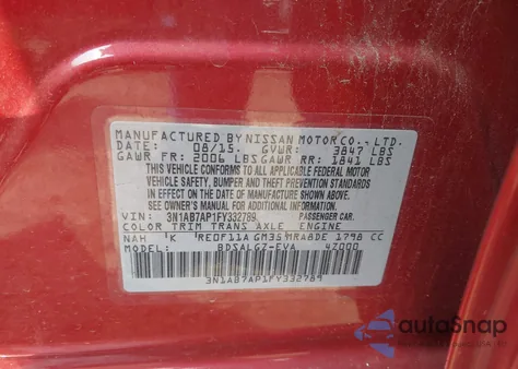 2015 Nissan Sentra Sl from USA, damaged, VIN 3N1AB7AP1FY332789